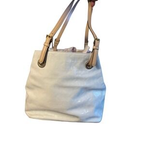Michael Kors White Monogram Patent Leather Bucket Tote Shoulder Bag